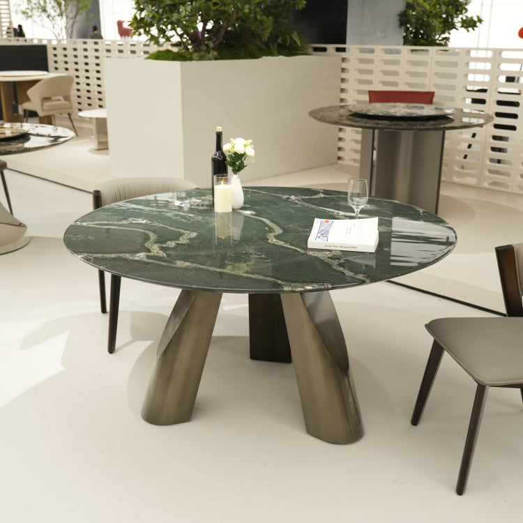 デザイナーズ天然大理石ダイニングテーブル グリーン×シルバーアート天