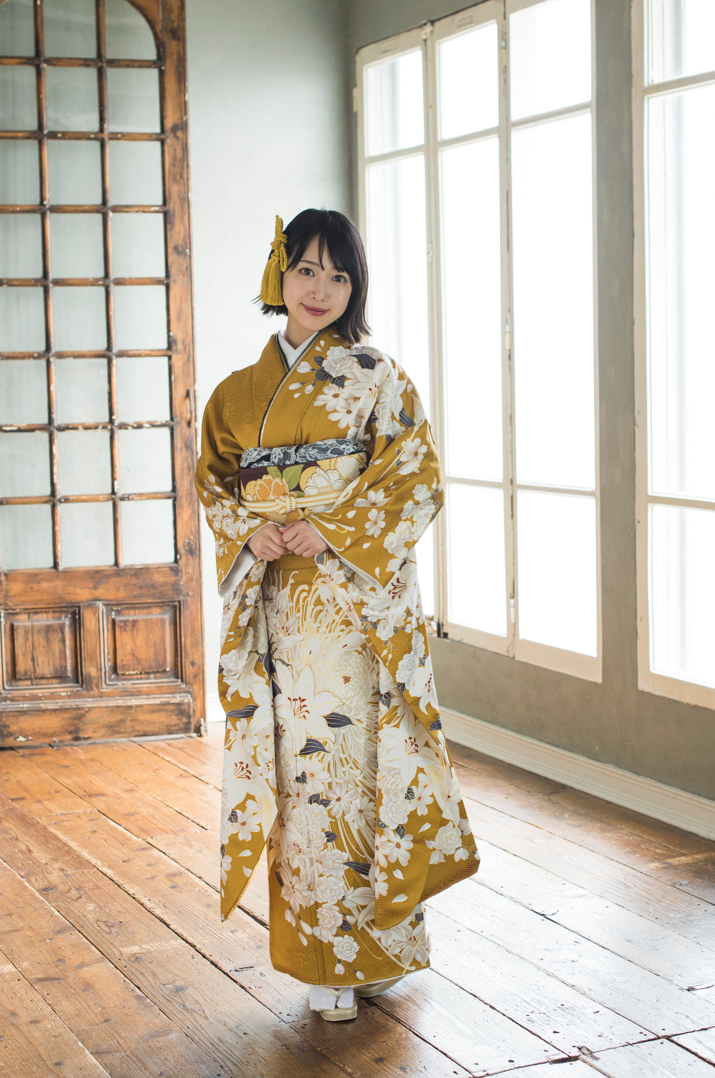 振袖 黄色×白 百合×乱菊 – Memories Closet