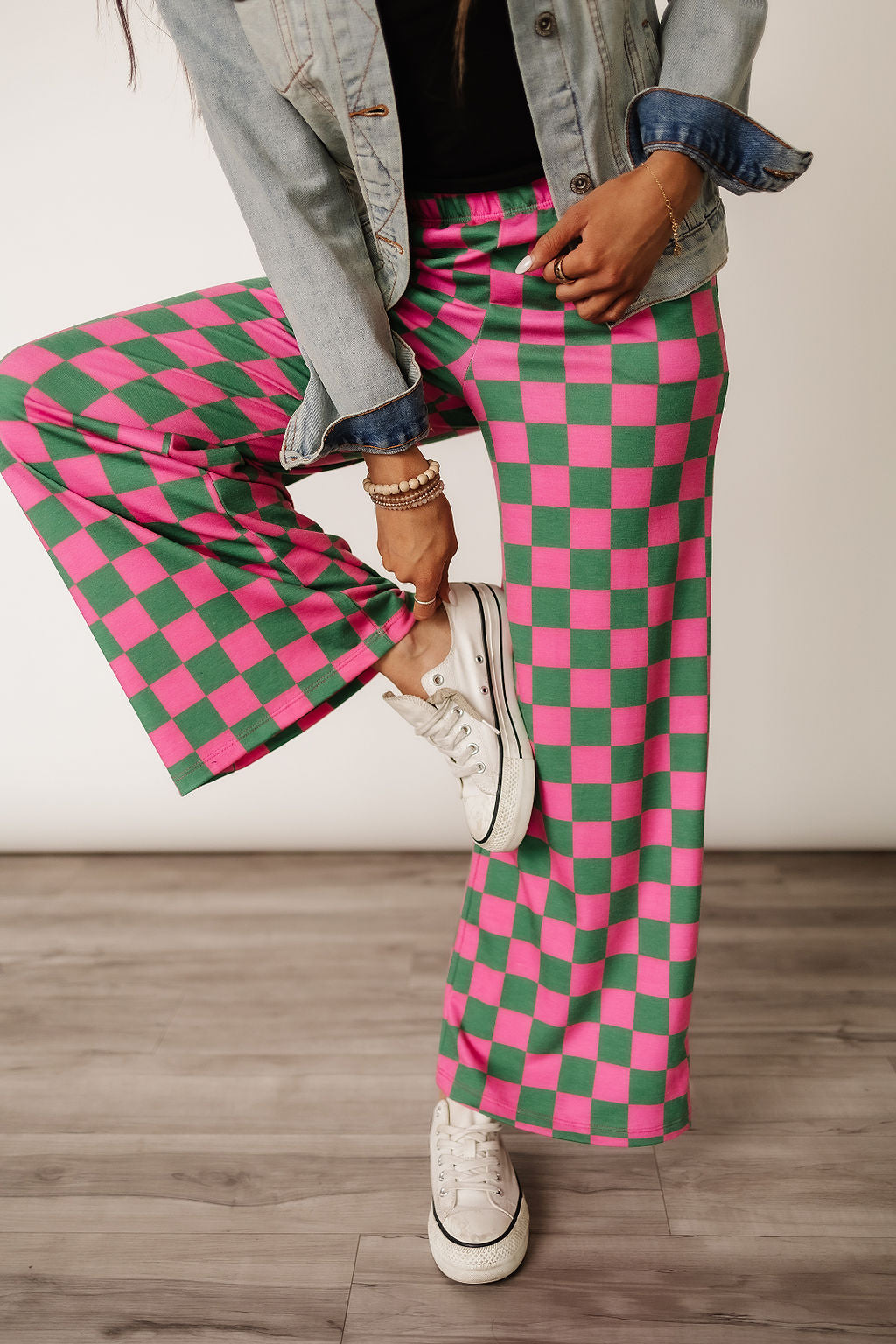 Pink and Green Checked Comfy Wide Leg Pants | Checkmate Pants