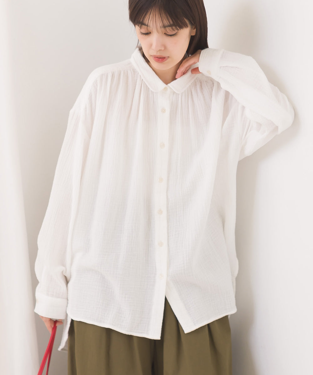 OMNES】ダブルガーゼ 丸襟長袖シャツ【7123-4174】
