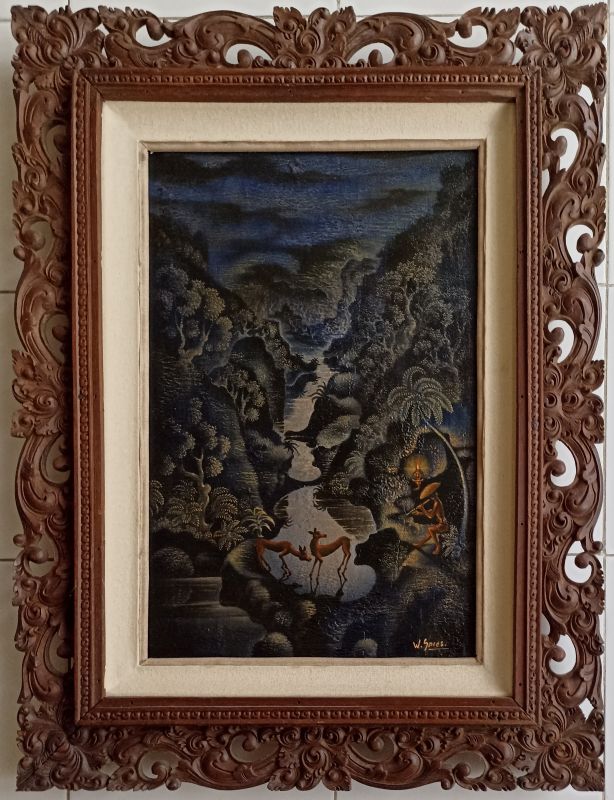 バリの風景 油彩画 PADE KETUT BONGKASO 寺院お祭り図 額装 バリの風景