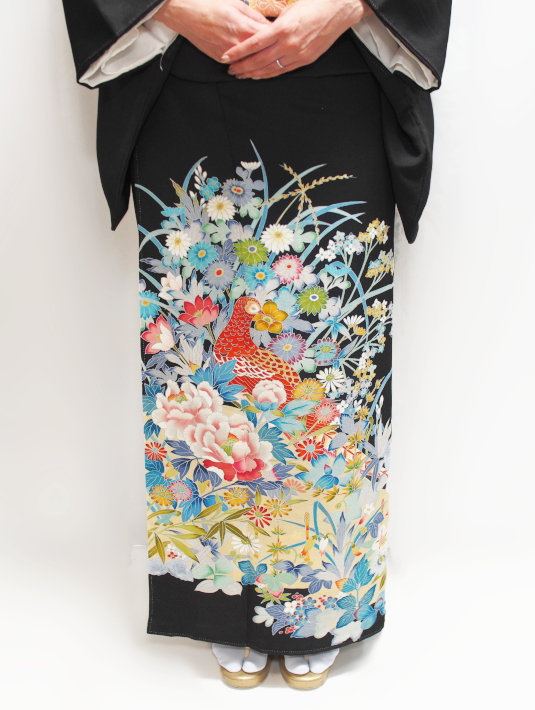 327.正絹ブルー孔雀柄黒留袖 - 呉服下村屋 レンタル着物アシスト