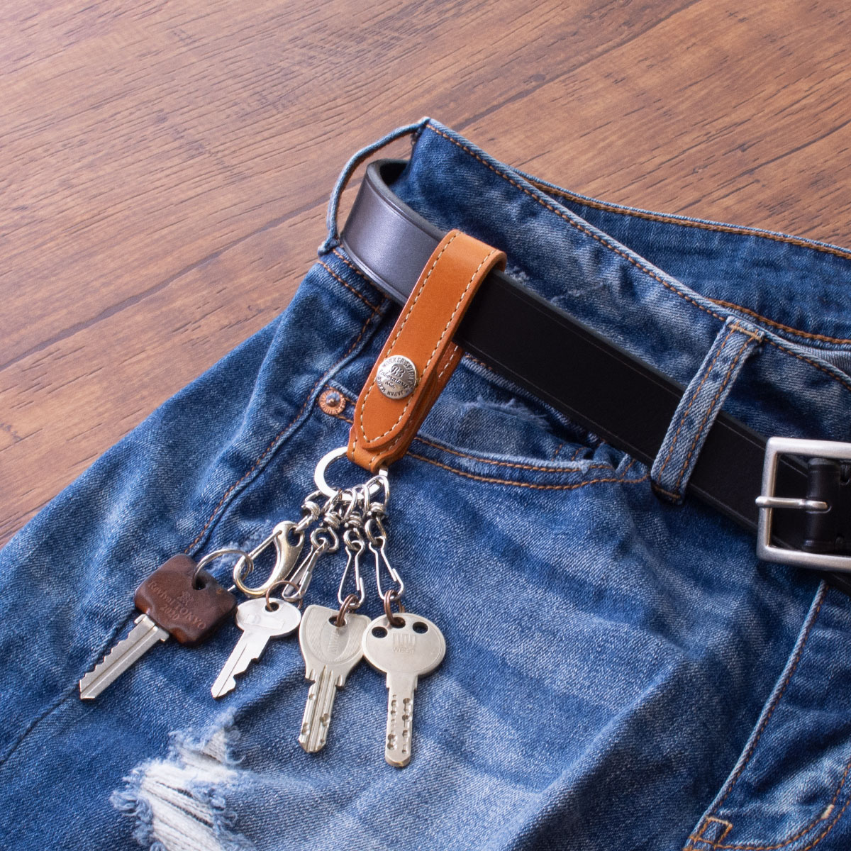 本革製 キーホルダー「JEANS カジュアルキーリング」（国産栃木レザー