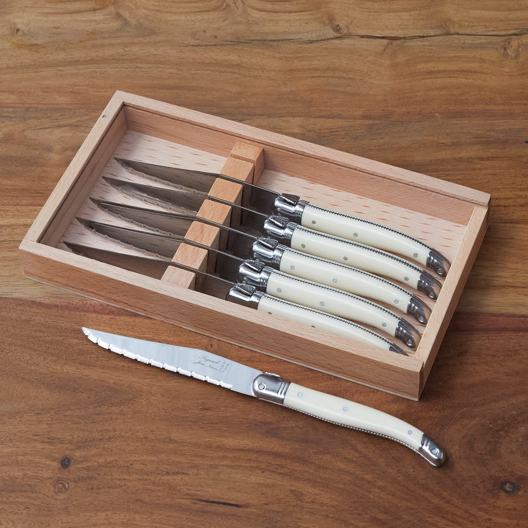 Laguiole 6 Piece Steak Knife Set, Platine Ivory in Wood Box with