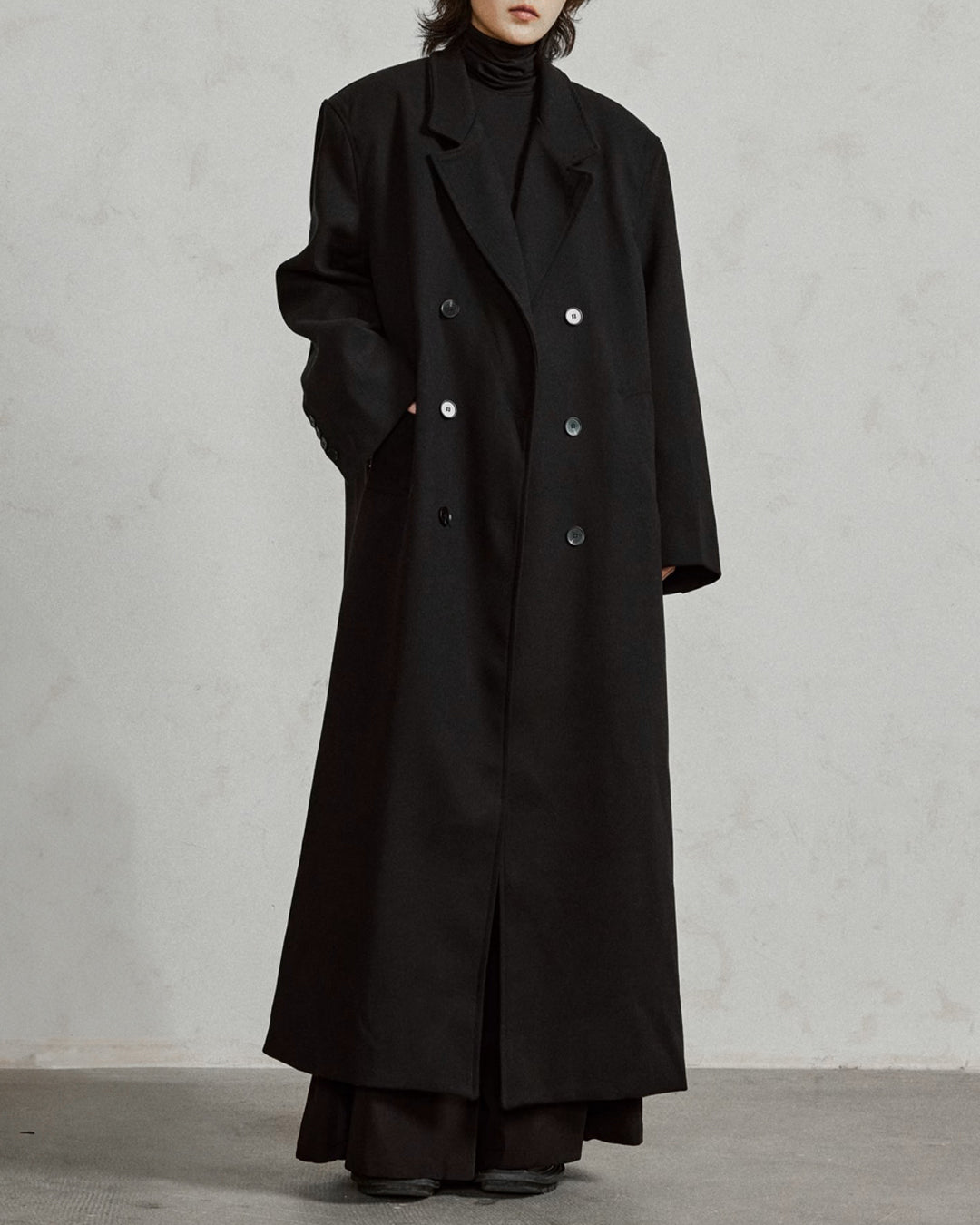 ♤WIDE SHOULDER DOUBLE LONG COAT – Black Gravity