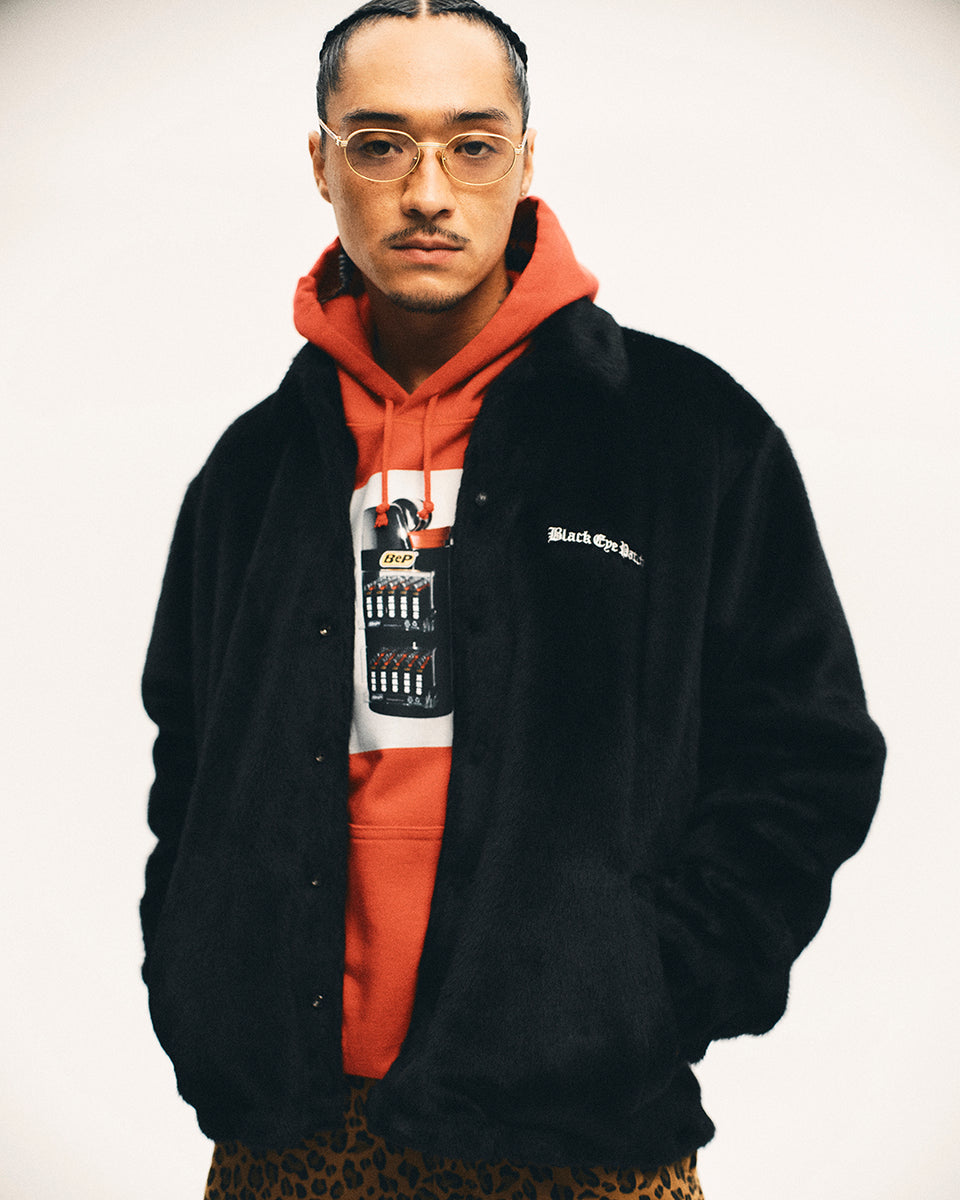 OE LOGO FAUX FUR COACH JACKET BLACK – BlackEyePatch