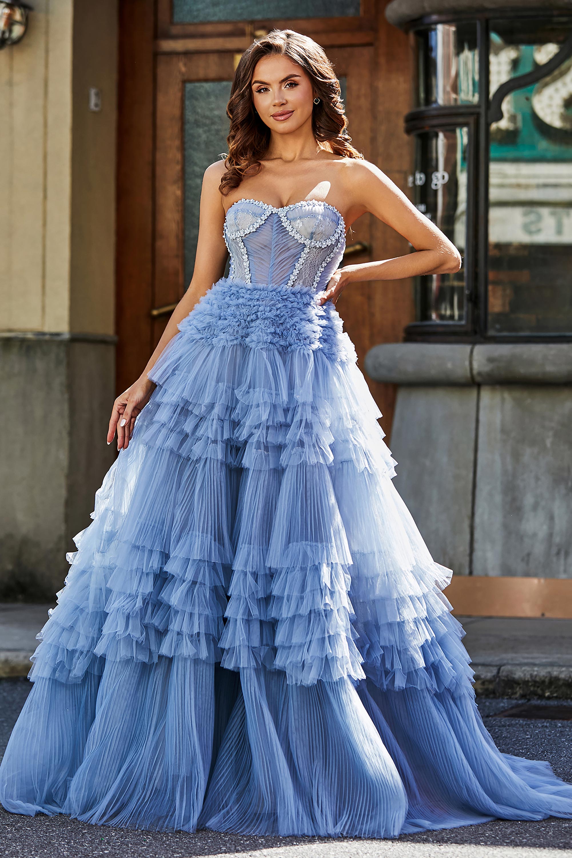 Strapless Corset Bodice Ruffle Tiered Tulle Dress – DUNTERY