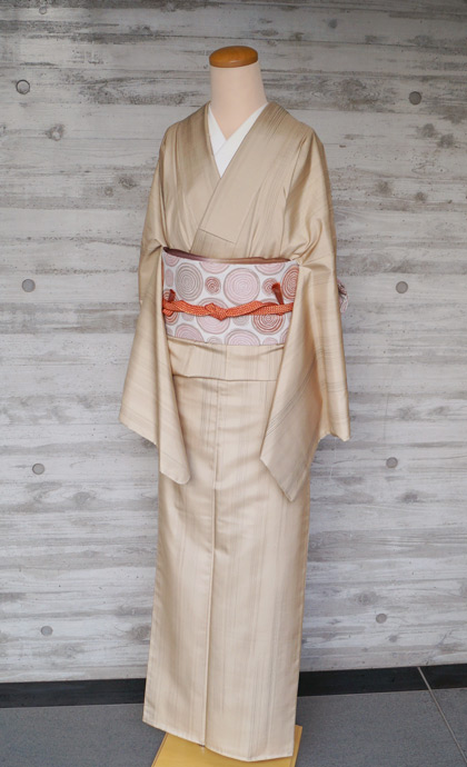袷】トールサイズベージュ系大島紬と渦巻き柄名古屋帯 #kimono #着物