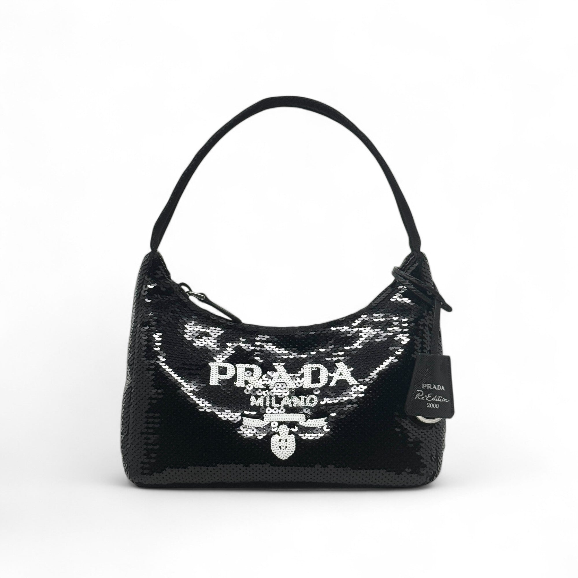 Prada Black Sequin Logo Re-Edition Mini Bag | Jadore Couture