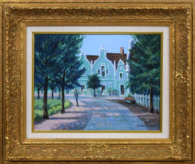 川村正男「青い家並」油絵・F6号 絵画買取・販売の小竹美術