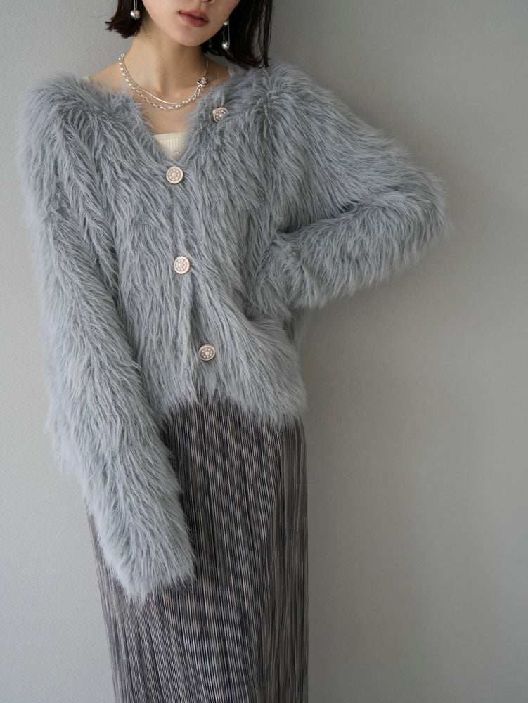 予約]パールデザインボタンシャギーニットカーディガン/グレー – Lumier