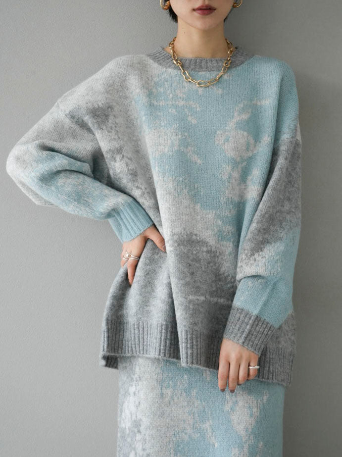 予約]モヘアタッチニュアンス柄ニットプルオーバー/ブルー – Lumier