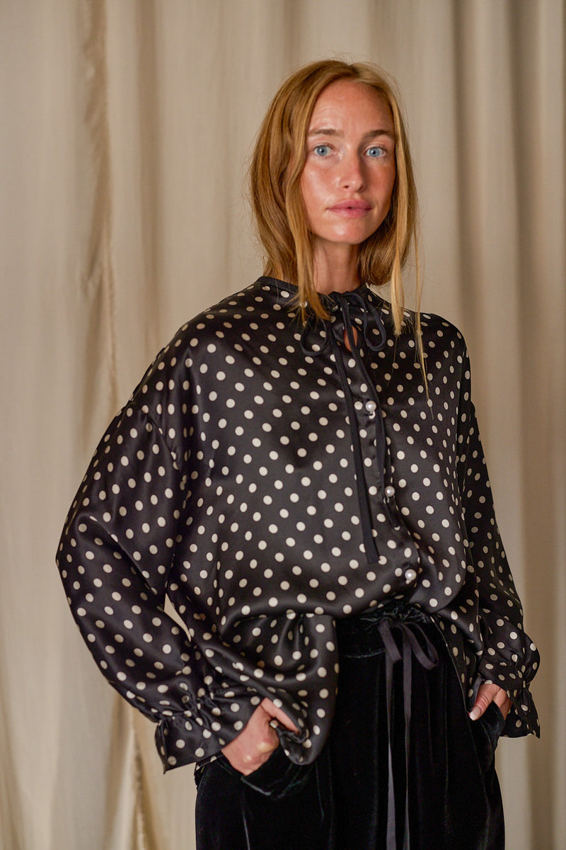 Ribbon Shirt | Black Polkadot Silk Charmeuse – Lan Jaenicke