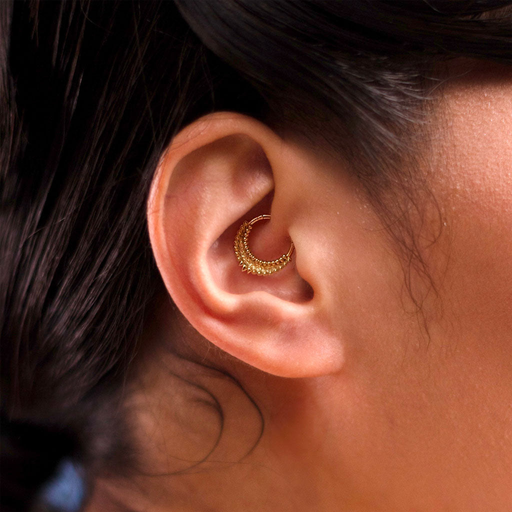 Large 18k yellow gold hammered ethnic piercing for daith or septum