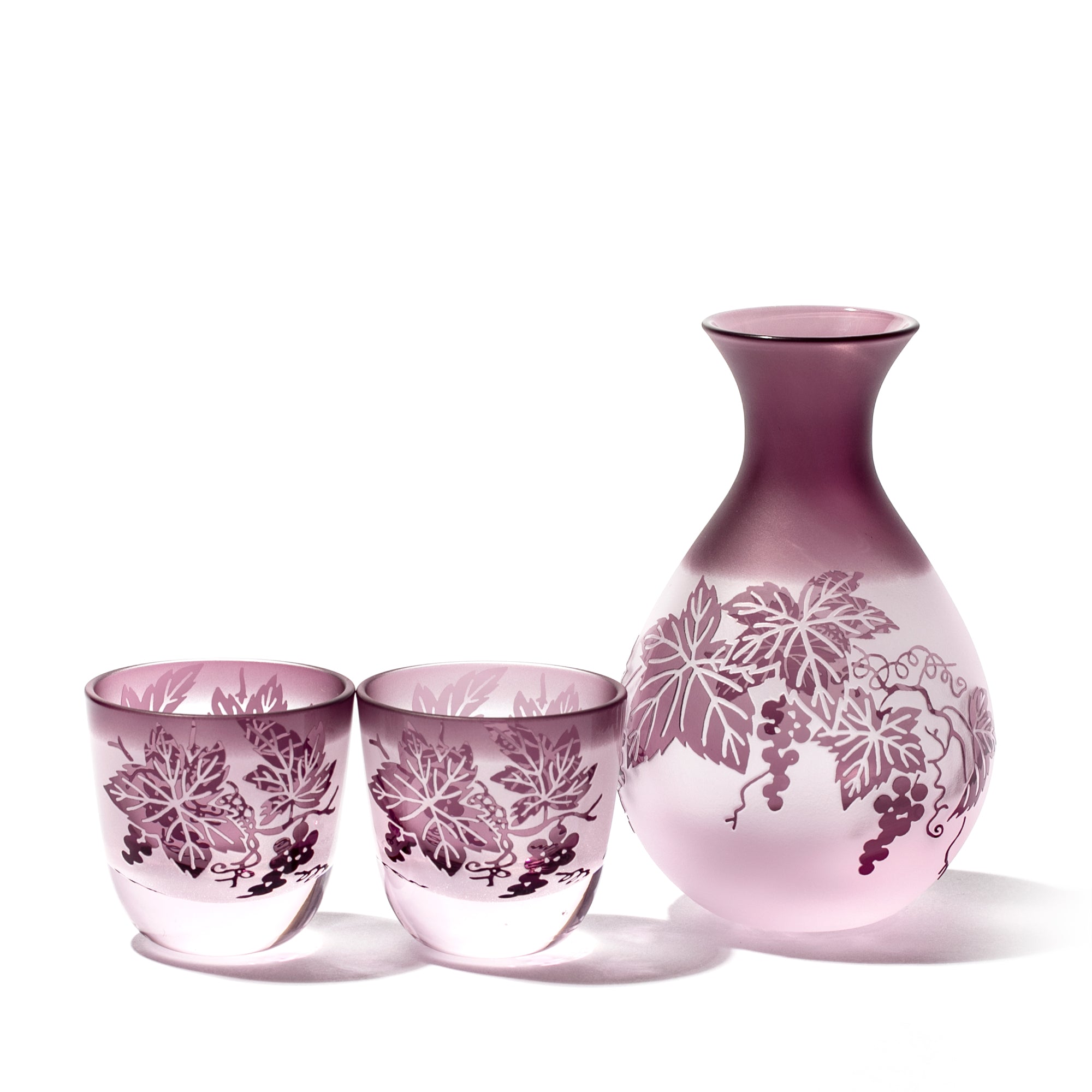 彫刻 夢柄子 ぶどう紋 酒器三点揃 ピンク/パープル 盃55ml 徳利210ml