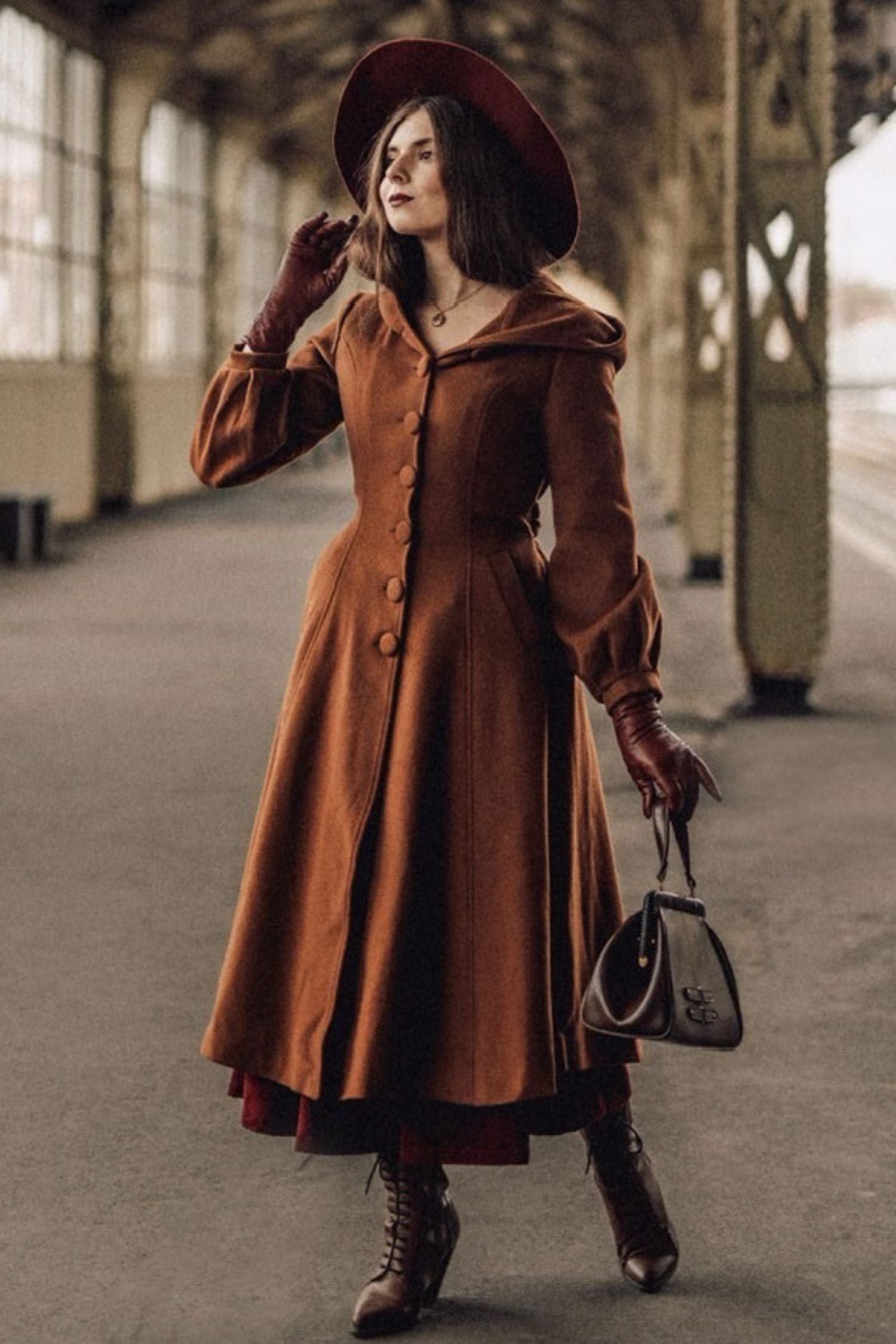 Hooded Wool Coat – Vintage Brown Swing Overcoat with Belt 3255