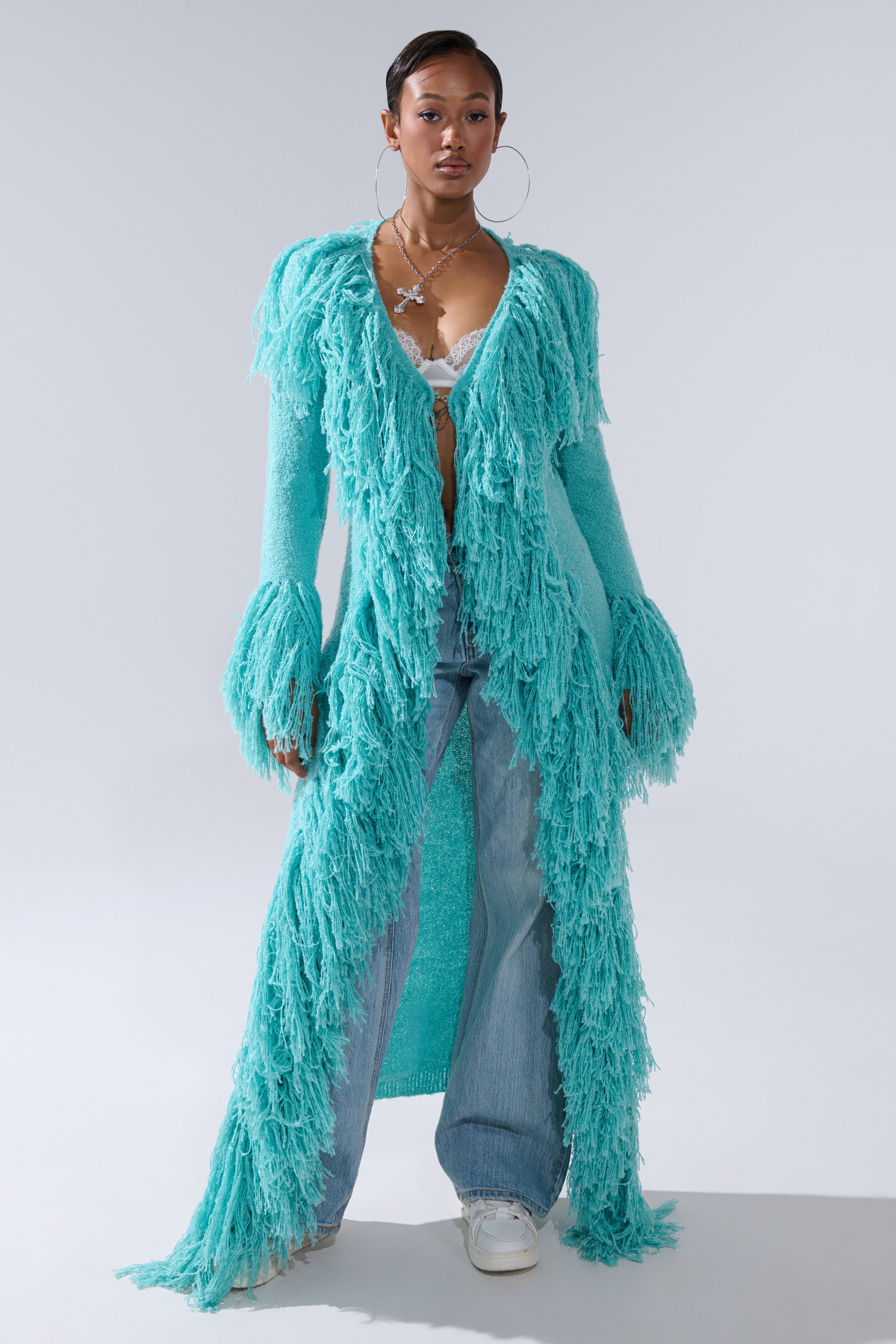 BURRR IT'S COLD OUTSIDE FRINGE OVERSIZED SWEATER IN TURQUOISE – AKIRA