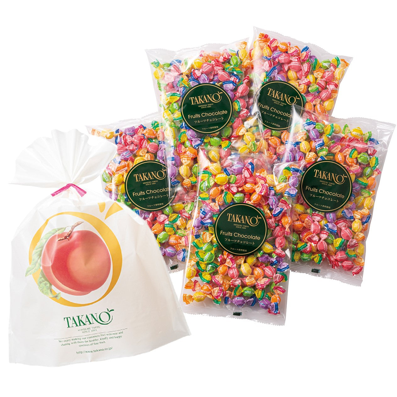 新宿高野 シェアフルーツチョコレート平袋5入（ピーチ柄ラッピング袋付
