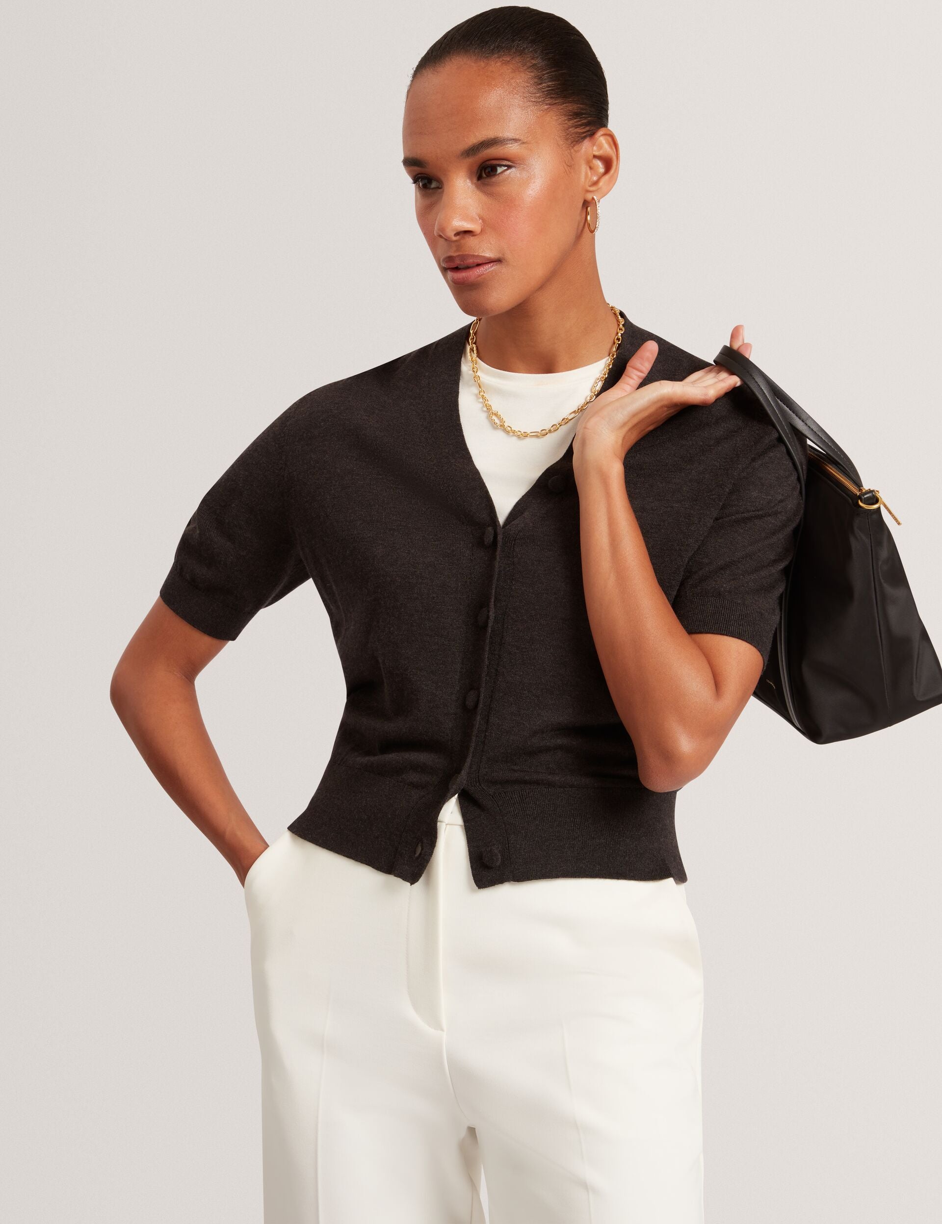 Charcoal Merino Wool Cropped Short Sleeve Cardigan | Dazlia | Ted