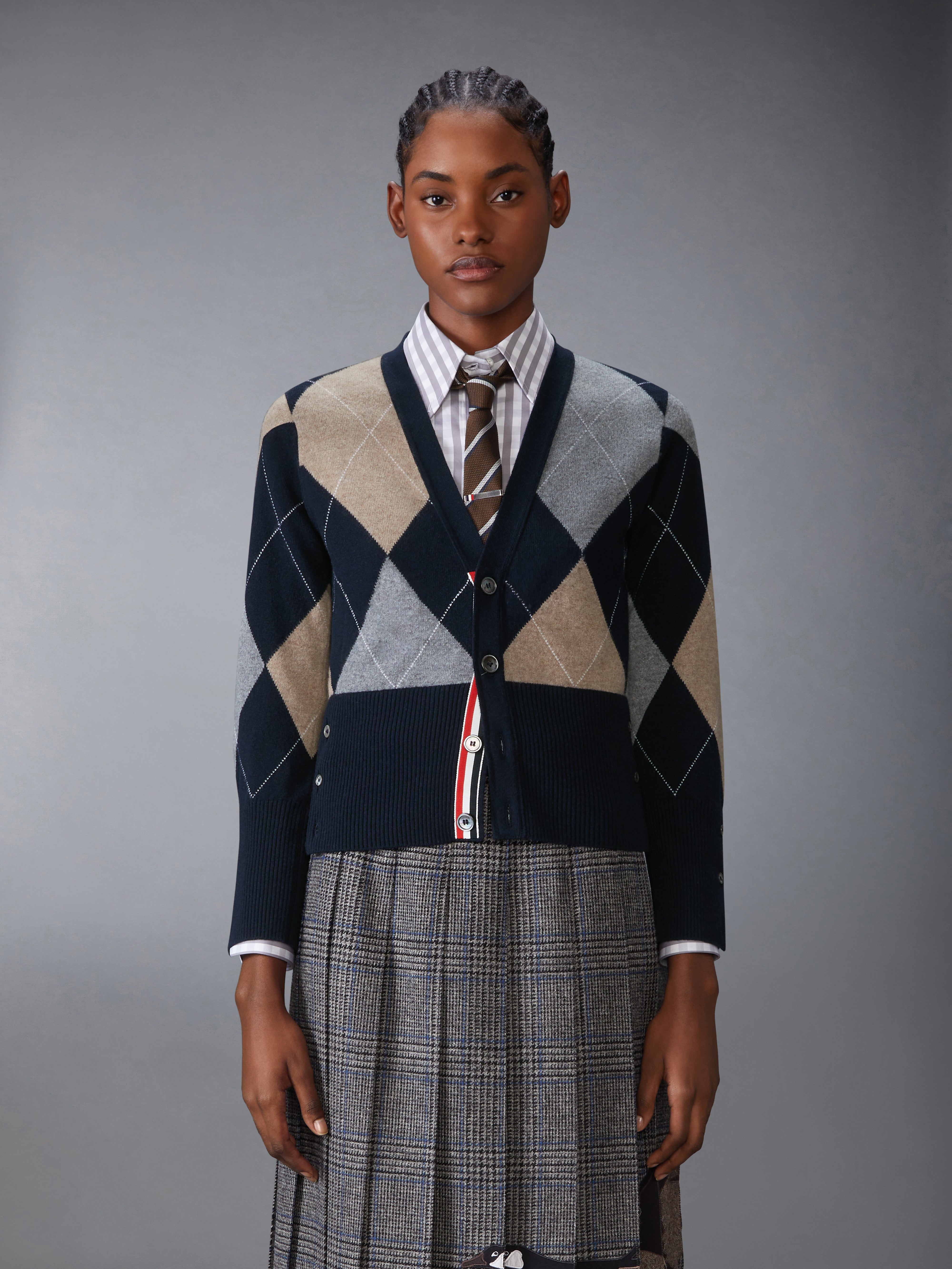 Argyle Intarsia Cashmere V Neck Cardigan | Thom Browne