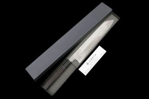 柳刃包丁 尺一 本焼 純日本鋼 鏡面 白水牛黒檀八角柄 白鞘・箱付