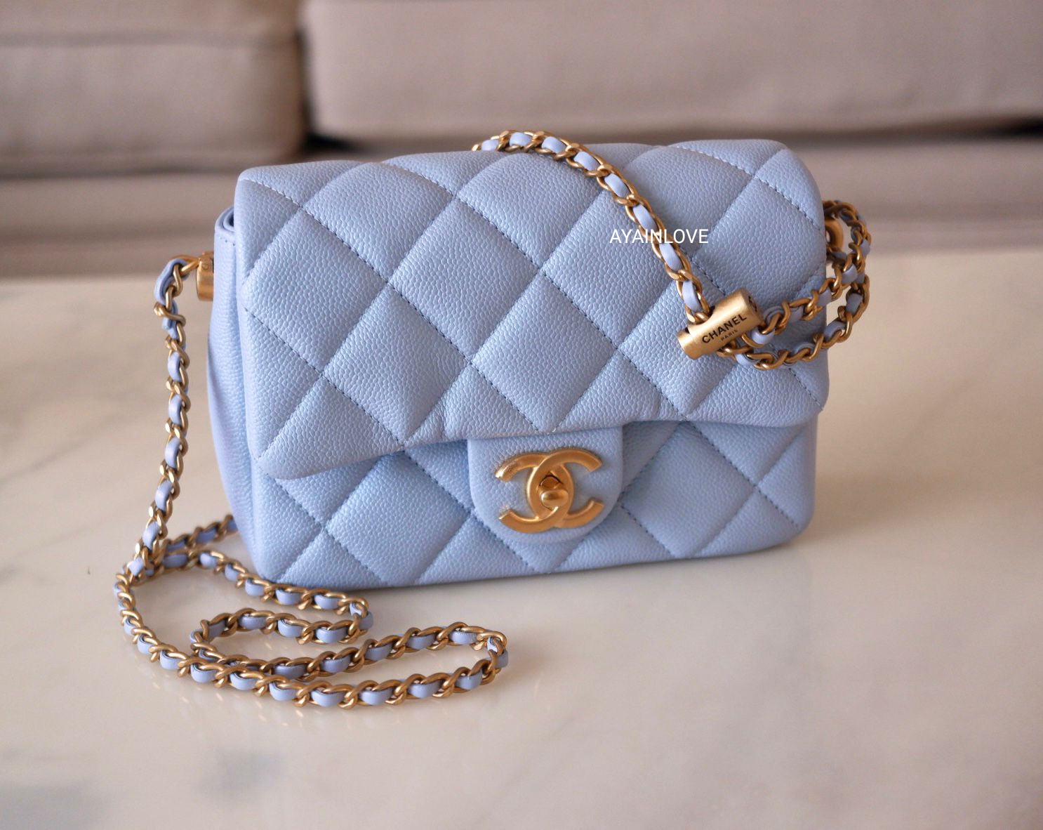 CHANEL 21K Iridescent Light Blue Caviar My Perfect Square Mini