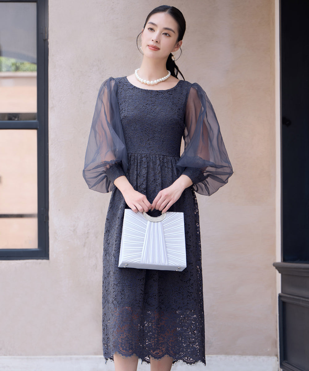 レースとシアー素材を切り替えた大人ドレスワンピースcy88620