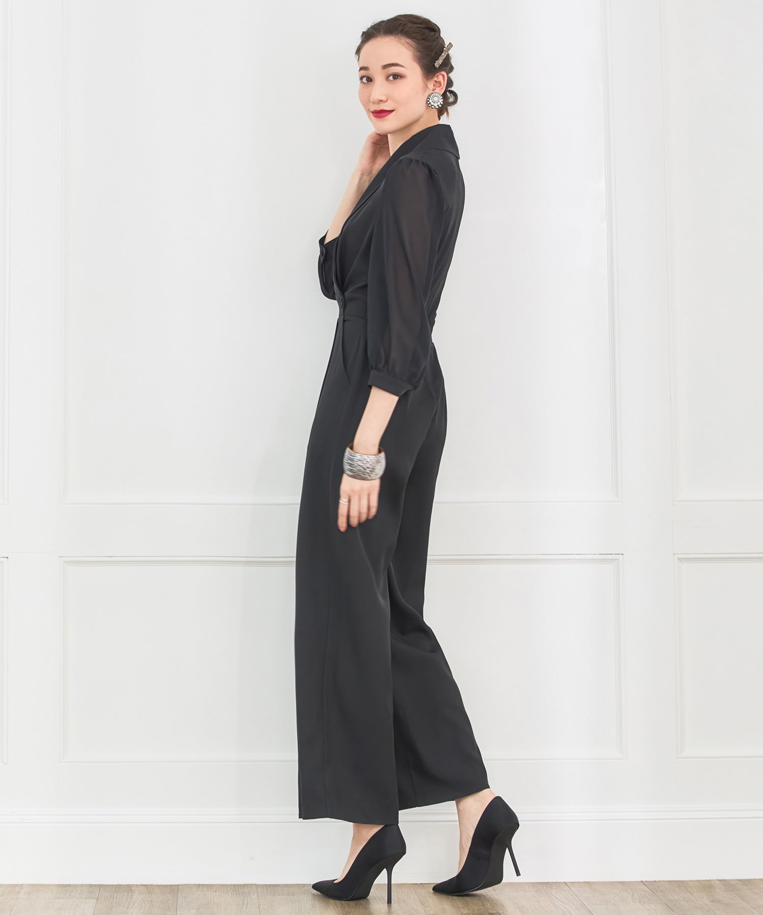 ジャンプスーツ パンツドレス シフォン S M L XL パーティー 結婚式