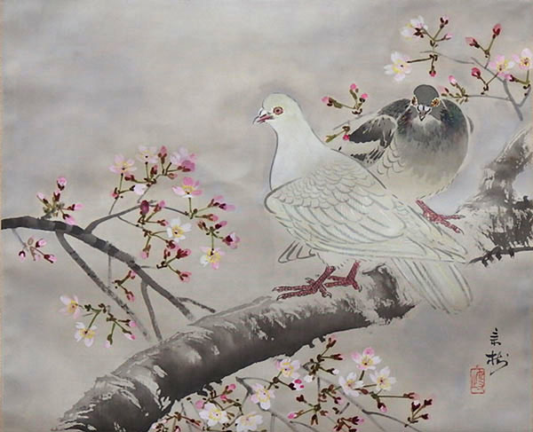 ギャラリーたけやま 掛け軸 今井景樹（いまいけいじゅ） 桜に鳩 展示販売