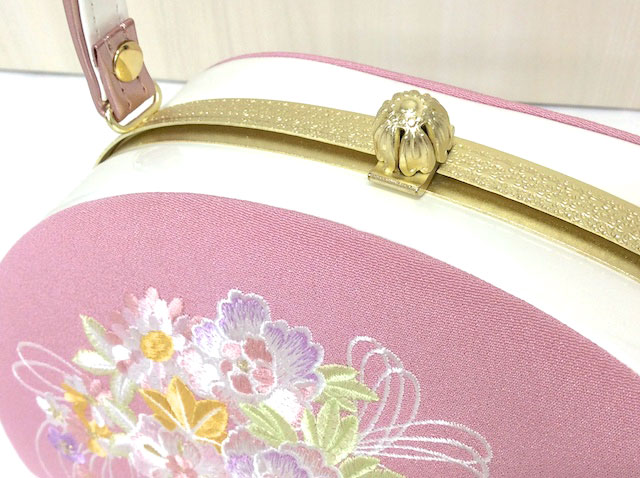半円口金バッグ 和装フォーマル かんざし柄刺繍 桜 牡丹 ピンク