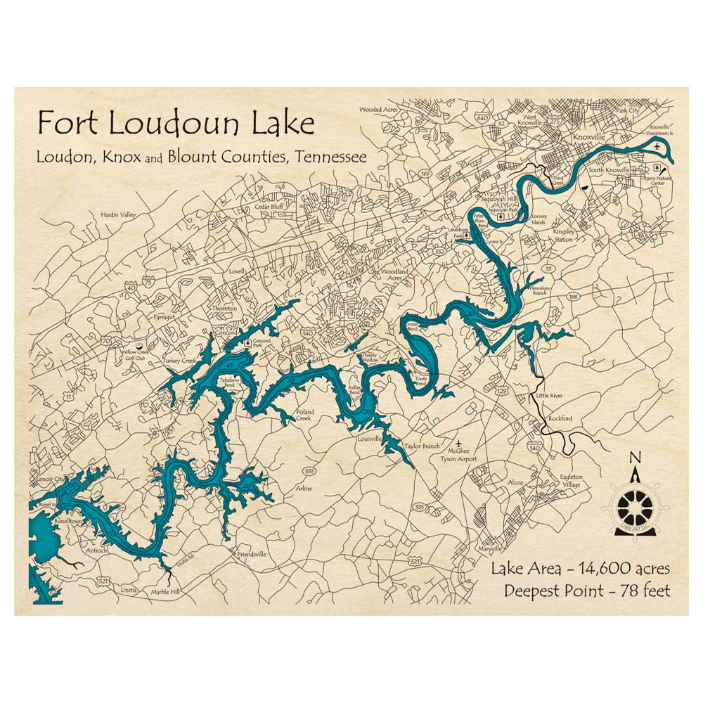 Fort Loudoun Lake, 3D Custom Wood Map – Lake Art LLC