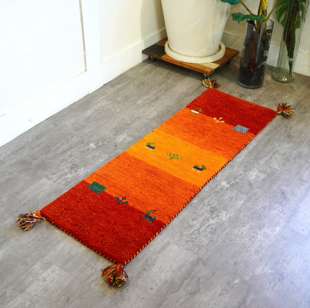 ギャッベ 120×40 オレンジ ラグ マット 手織り ウール 暖色系 絨毯