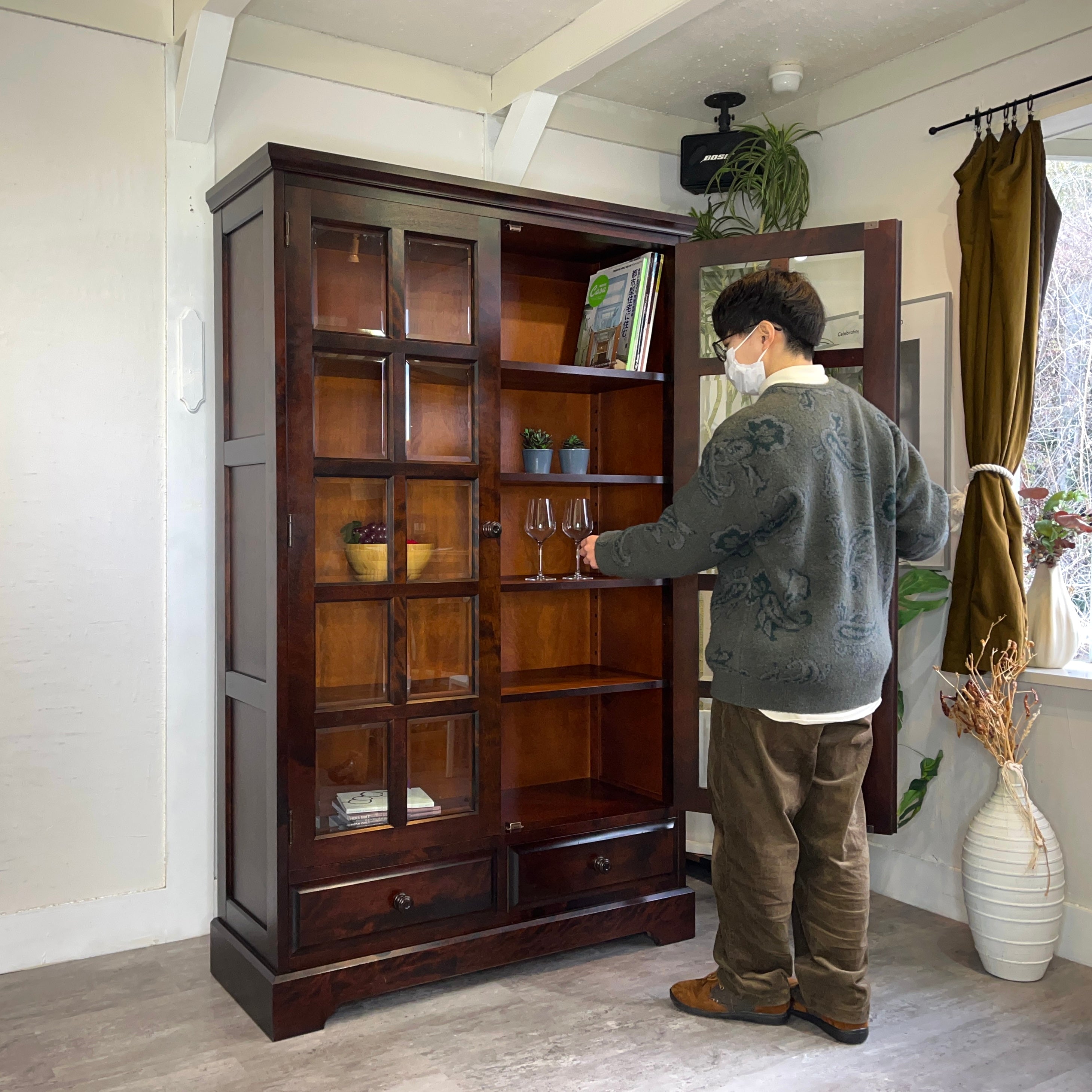 北海道民芸家具 ♯115本箱 本棚 カップボード 飾り棚 食器棚 カバ材