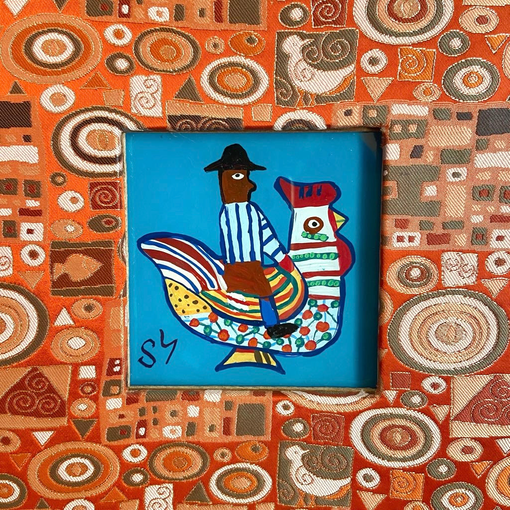 柚木沙弥郎 ガラス絵 「メキシコの鳥と人形」 アート 絵画 一点もの