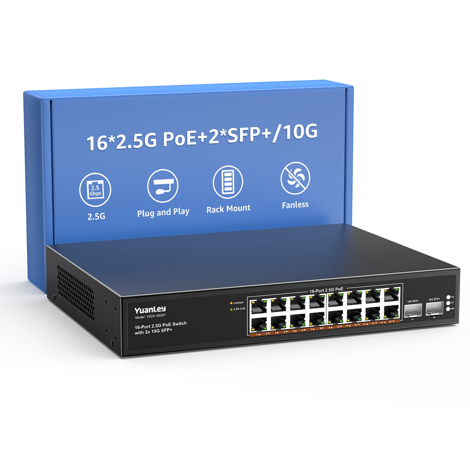 YuanLey 18 Port 2.5G PoE Switch Unmanaged, 100/1000/2500Mbps