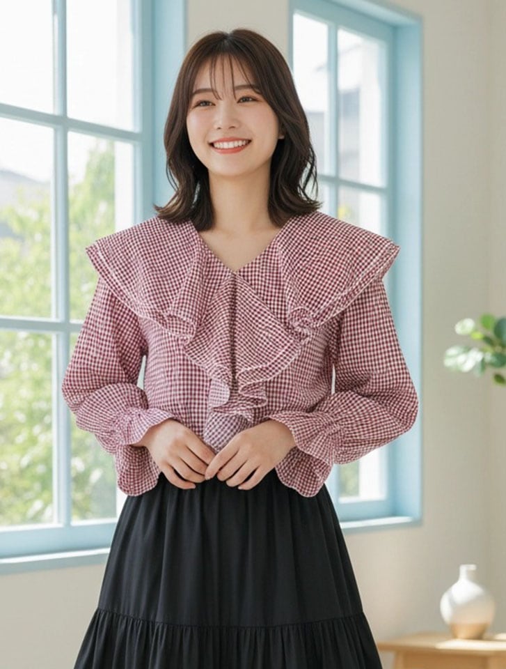 fifth チェック柄フリルカラーブラウス | 人気レディースファッション