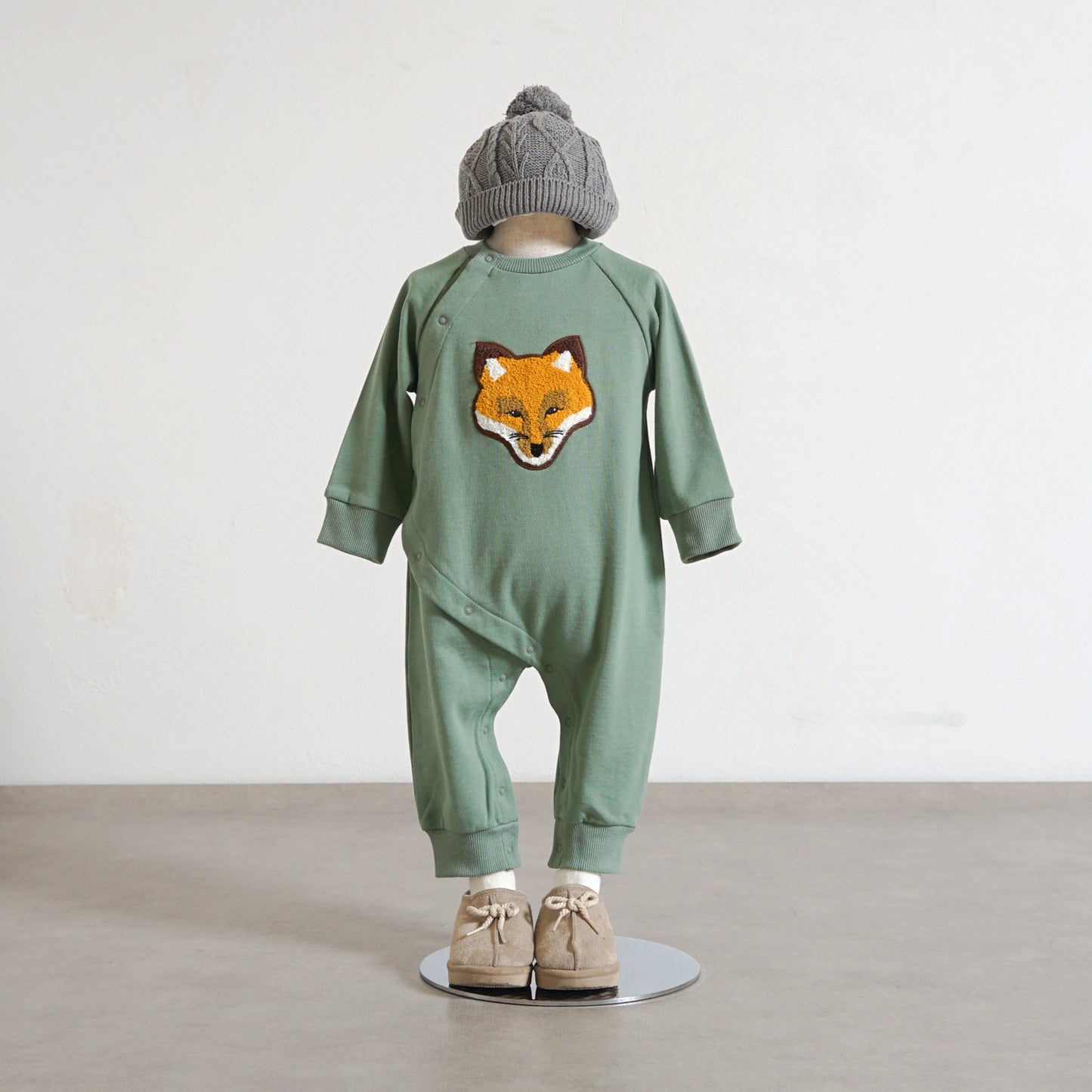 きつねワッペン裏毛ロンパース モスグリーン 80cm / ギフト包装不可