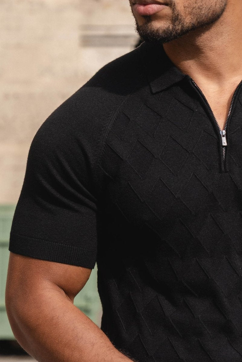 Diamond Jacquard Knitted Polo Shirt in Black