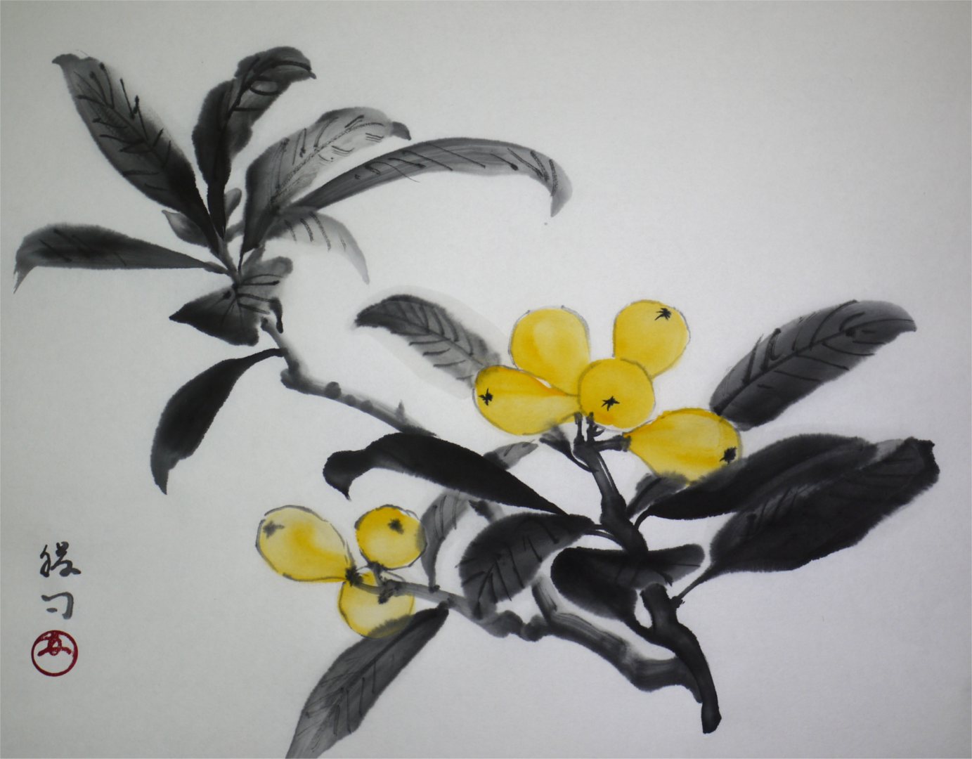 水墨画（彩墨画）「枇杷」福田勝司筆 | 水墨画・達風 色彩のある墨絵｜教室