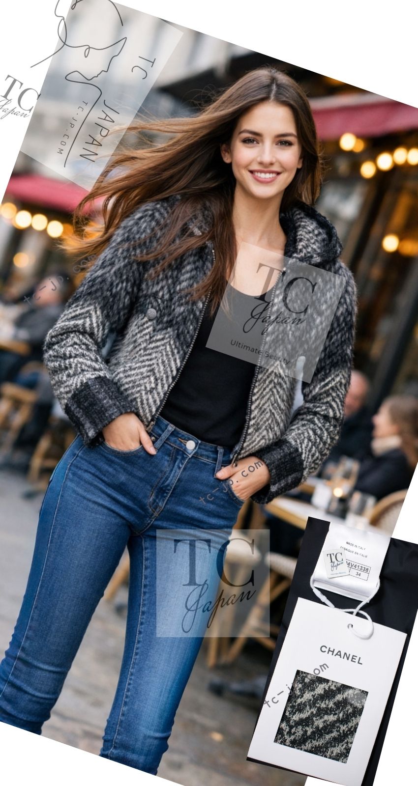 シャネル ジャケット CHANEL グレー ブラック ヘリンボーン チェック