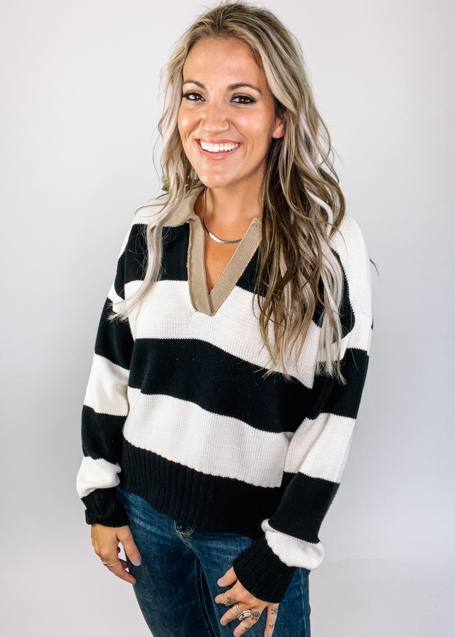 Chunky Stripe Knit Sweater with Collar – The Teal Eagle Boutique