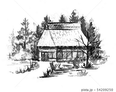 茅葺の家 墨絵のイラスト素材 [54209250] - PIXTA