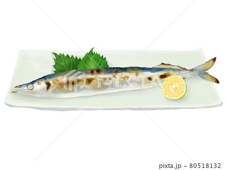 水彩タッチ お皿の上に乗った焼き秋刀魚 カボス付きのイラスト素材