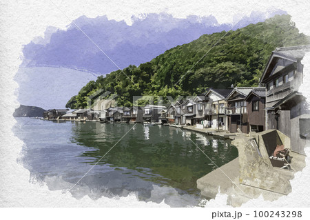 水彩画風 伊根 伊根の舟屋 京都府与謝郡伊根町のイラスト素材