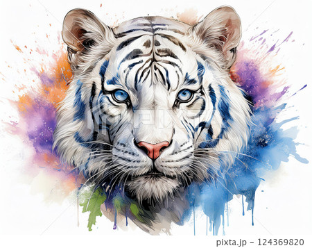 幻想的でカラフルなホワイトタイガーの水彩画アートのイラスト素材