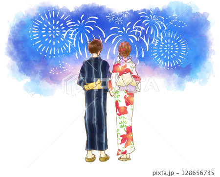 花火を見る男女の後ろ姿水彩画のイラスト素材 [128656735] - PIXTA