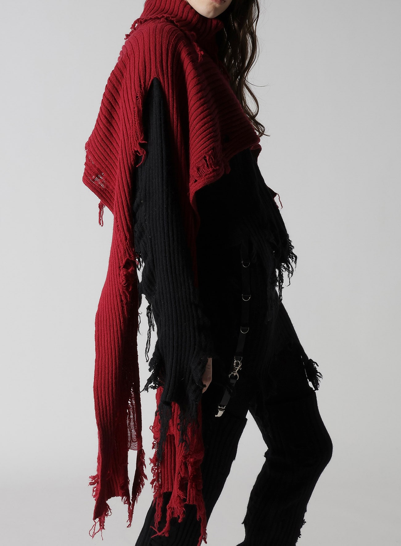 CRUSHED RIB DAMAGED 2WAY WOOL SCARF(FREE SIZE Bordeaux): LIMI feu