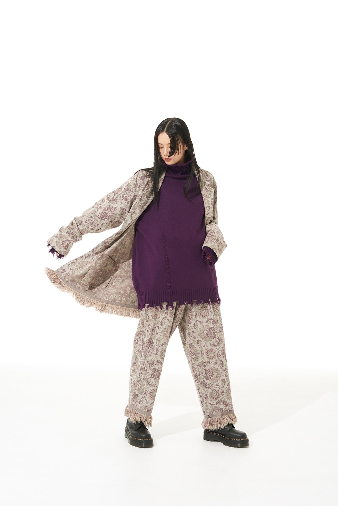 GOBELIN-STYLE JACQUARD SHIRT JACKET WITH FRINGE HEM DESIGN(M Beige