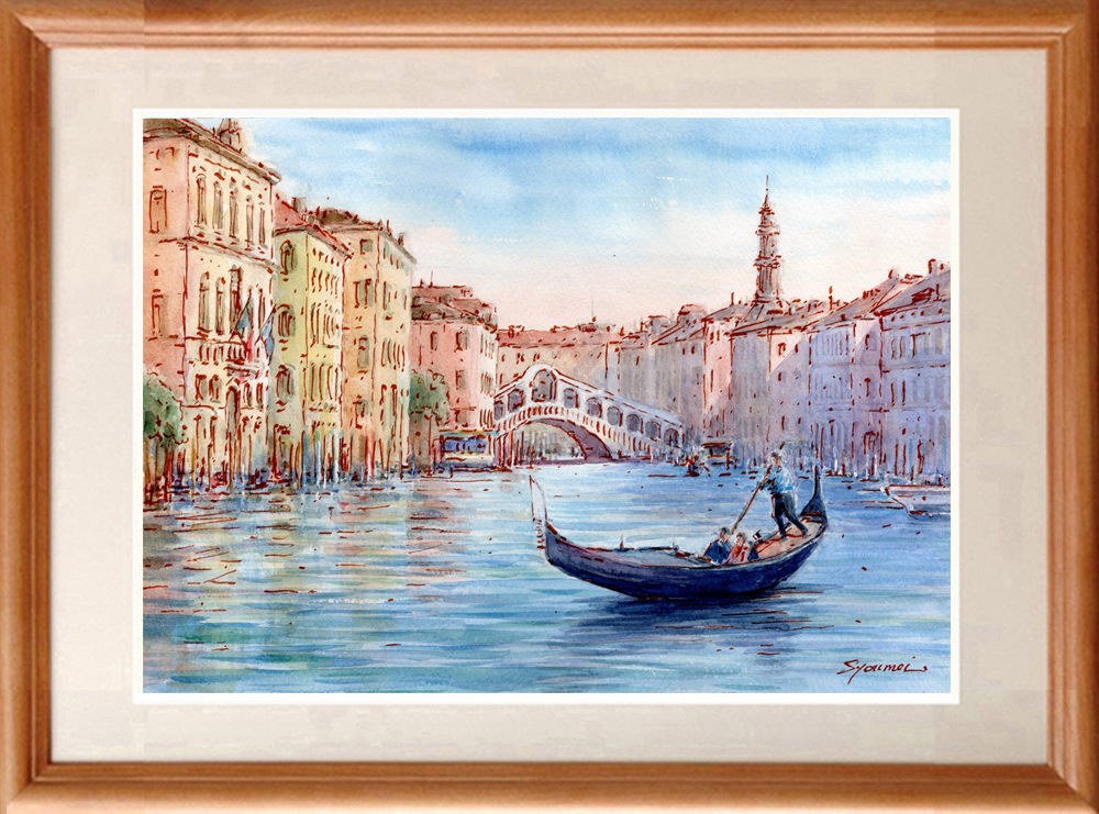 水彩画 河のある風景 2022年 フレーム付き 原画 水彩画 河のある風景