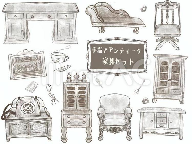 手描きアンティーク家具セットイラスト - No: 22614306｜無料イラスト